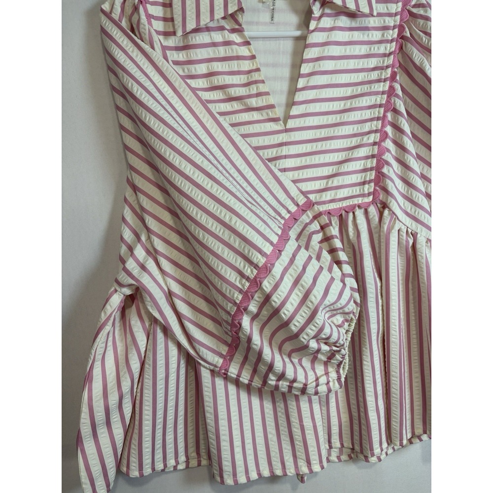 Entro Striped Seersucker Balloon Sleeve Blouse Pink White Scalloped Trim M - Picture 8 of 10